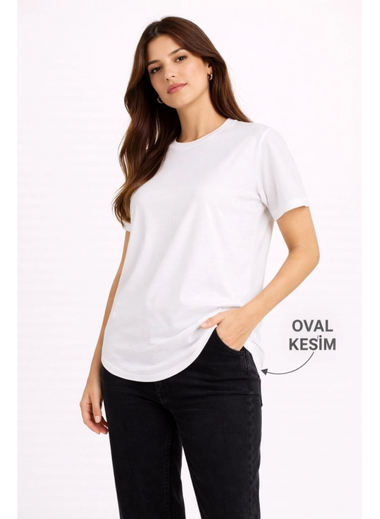 Kadın Basic T-Shirt Kısa Kol Bisiklet Yaka Oval Kesim Tişört - Beyaz Kadın Basic T-Shirt Kısa Kol Bisiklet Yaka Oval Kesim Tişört - Beyaz