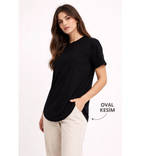 Kadın Basic T-Shirt Kısa Kol Bisiklet Yaka Oval Kesim Tişört - Siyah