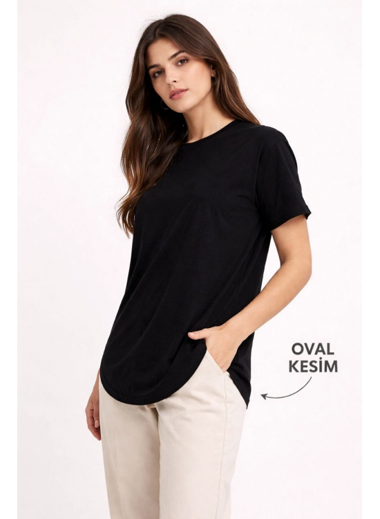 Kadın Basic T-Shirt Kısa Kol Bisiklet Yaka Oval Kesim Tişört - Siyah Kadın Basic T-Shirt Kısa Kol Bisiklet Yaka Oval Kesim Tişört - Siyah