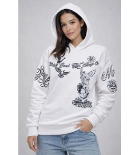 Kadın 3 İplik Pamuklu Kapüşonlu Baskılı SweatShirt hoodie - Beyaz
