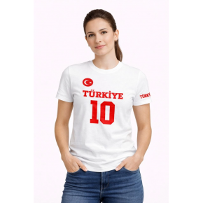 Kadın TÜRKİYE Ay Yıldız Baskılı 10 Numara Forma Tişört Taraftar T-Shirt - Beyaz