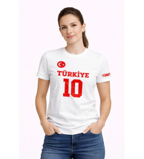 Kadın TÜRKİYE Ay Yıldız Baskılı 10 Numara Forma Tişört Taraftar T-Shirt - Beyaz