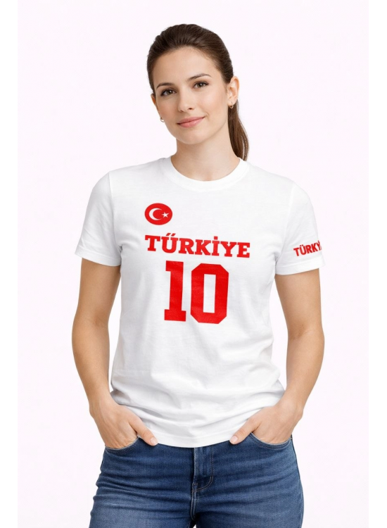 Kadın TÜRKİYE Ay Yıldız Baskılı 10 Numara Forma Tişört Taraftar T-Shirt - Beyaz Kadın TÜRKİYE Ay Yıldız Baskılı 10 Numara Forma Tişört Taraftar T-Shirt - Beyaz