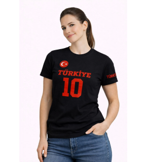 Kadın TÜRKİYE Ay Yıldız Baskılı 10 Numara Forma Tişört Taraftar T-Shirt - Siyah