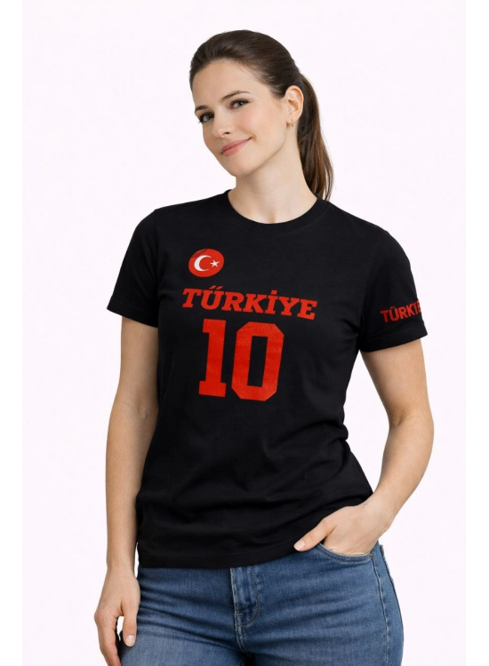 Kadın TÜRKİYE Ay Yıldız Baskılı 10 Numara Forma Tişört Taraftar T-Shirt - Siyah Kadın TÜRKİYE Ay Yıldız Baskılı 10 Numara Forma Tişört Taraftar T-Shirt - Siyah