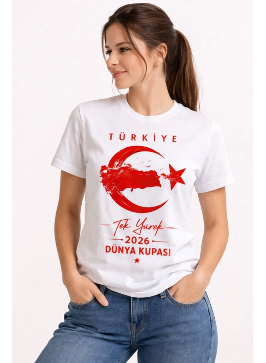Kadın TÜRKİYE Ay Yıldız 2026 Dünya Kupasi Taraftar Forma T-Shirt - Beyaz Kadın TÜRKİYE Ay Yıldız 2026 Dünya Kupasi Taraftar Forma T-Shirt - Beyaz
