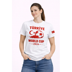 Kadın Türkiye World Cup 2026 Baskılı Tişört Futbol Temalı Forma T-Shirt - Beyaz