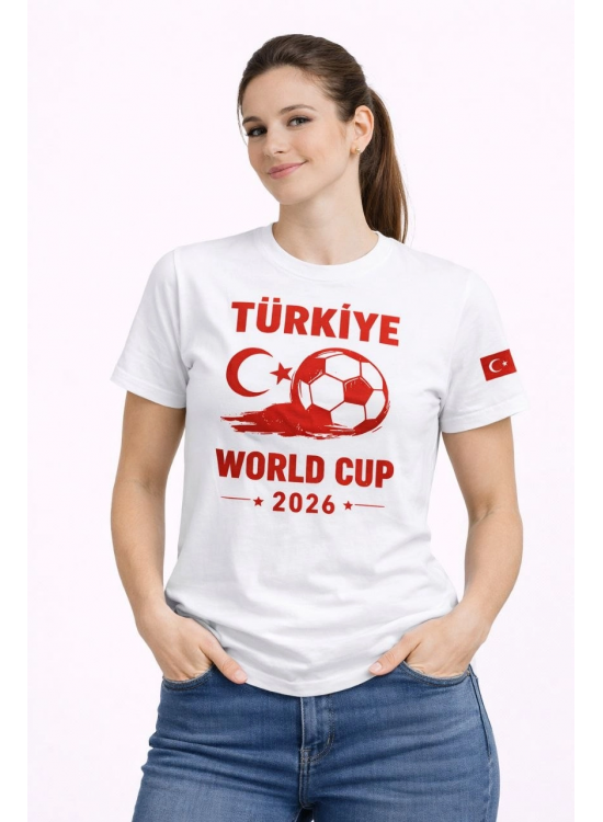 Kadın Türkiye World Cup 2026 Baskılı Tişört Futbol Temalı Forma T-Shirt - Beyaz Kadın Türkiye World Cup 2026 Baskılı Tişört Futbol Temalı Forma T-Shirt - Beyaz