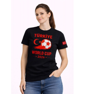Kadın Türkiye World Cup 2026 Baskılı Tişört Futbol Temalı Forma T-Shirt - Siyah