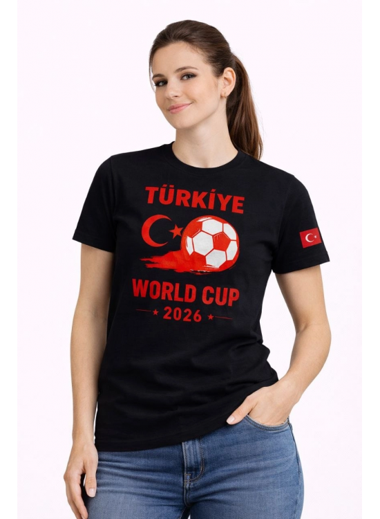 Kadın Türkiye World Cup 2026 Baskılı Tişört Futbol Temalı Forma T-Shirt - Siyah Kadın Türkiye World Cup 2026 Baskılı Tişört Futbol Temalı Forma T-Shirt - Siyah