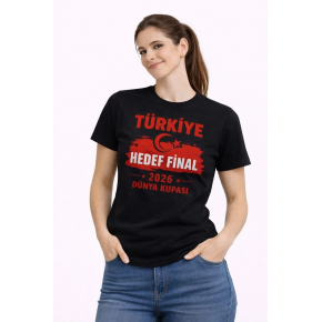 Kadın TÜRKİYE Baskılı Tişört Ay Yıldız 2026 Dünya Kupası Taraftar Forma T-Shirt - Siyah