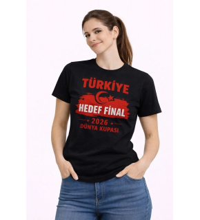 Kadın TÜRKİYE Baskılı Tişört Ay Yıldız 2026 Dünya Kupası Taraftar Forma T-Shirt - Siyah
