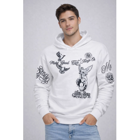 Erkek 3 İplik Pamuklu Kapüşonlu Baskılı SweatShirt hoodie - Beyaz