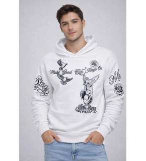 Erkek 3 İplik Pamuklu Kapüşonlu Baskılı SweatShirt hoodie - Beyaz
