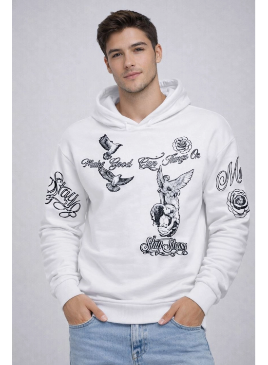 Erkek 3 İplik Pamuklu Kapüşonlu Baskılı SweatShirt hoodie - Beyaz Erkek 3 İplik Pamuklu Kapüşonlu Baskılı SweatShirt hoodie - Beyaz
