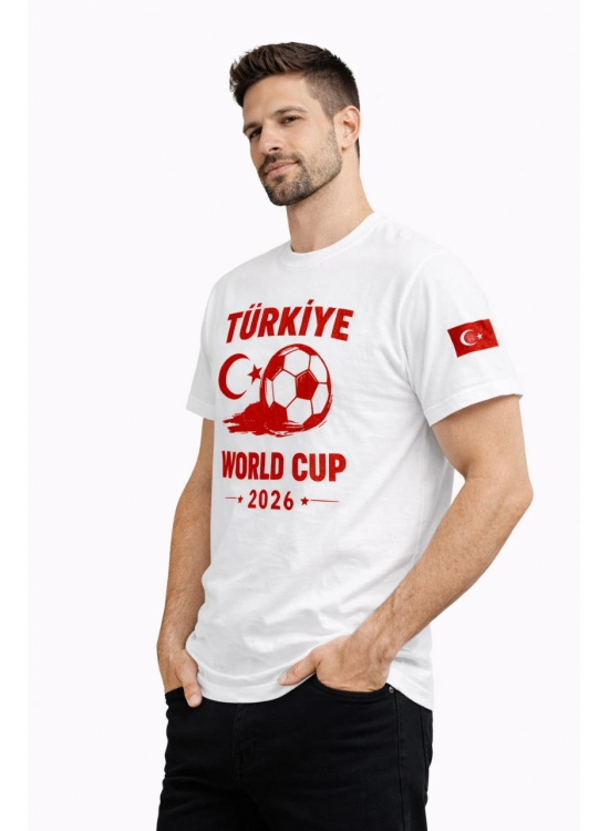 Erkek Türkiye World Cup 2026 Baskılı Tişört Futbol Temalı Forma T-Shirt - Beyaz Erkek Türkiye World Cup 2026 Baskılı Tişört Futbol Temalı Forma T-Shirt - Beyaz