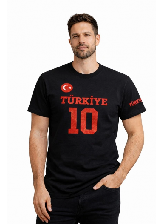 Erkek TÜRKİYE Ay Yıldız Baskılı 10 Numara Forma Tişört Taraftar T-Shirt - Siyah Erkek TÜRKİYE Ay Yıldız Baskılı 10 Numara Forma Tişört Taraftar T-Shirt - Siyah