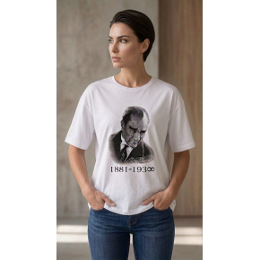 Kadın Atatürk Baskılı Tişört Kısa Kollu Bisiklet Yaka T-Shirt - Beyaz