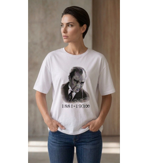 Kadın Atatürk Baskılı Tişört Kısa Kollu Bisiklet Yaka T-Shirt - Beyaz