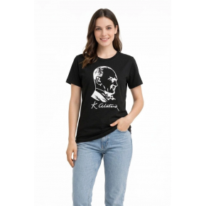 Kadın Atatürk Baskılı Tişört Kısa Kollu Bisiklet Yaka T-Shirt - Siyah
