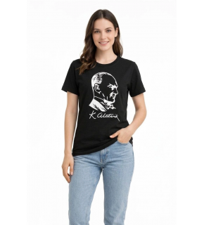 Kadın Atatürk Baskılı Tişört Kısa Kollu Bisiklet Yaka T-Shirt - Siyah