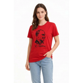 Kadın Atatürk Baskılı Tişört Kısa Kollu Bisiklet Yaka T-Shirt - Kırmızı