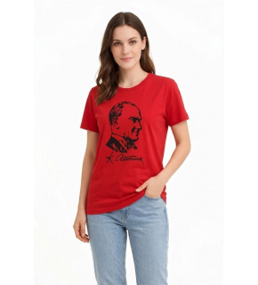 Kadın Atatürk Baskılı Tişört Kısa Kollu Bisiklet Yaka T-Shirt - Kırmızı