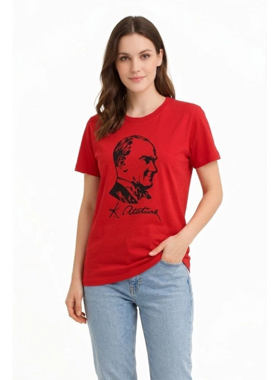 Kadın Atatürk Baskılı Tişört Kısa Kollu Bisiklet Yaka T-Shirt - Kırmızı Kadın Atatürk Baskılı Tişört Kısa Kollu Bisiklet Yaka T-Shirt - Kırmızı