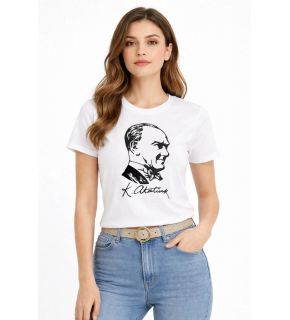 Kadın Atatürk Baskılı Tişört Kısa Kollu Bisiklet Yaka T-Shirt - Beyaz