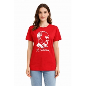 Kadın Atatürk Baskılı Tişört Kısa Kollu Bisiklet Yaka T-Shirt - Kırmızı