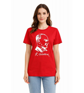 Kadın Atatürk Baskılı Tişört Kısa Kollu Bisiklet Yaka T-Shirt - Kırmızı