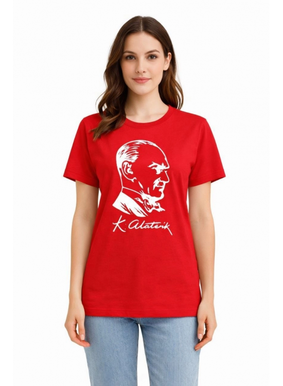 Kadın Atatürk Baskılı Tişört Kısa Kollu Bisiklet Yaka T-Shirt - Kırmızı Kadın Atatürk Baskılı Tişört Kısa Kollu Bisiklet Yaka T-Shirt - Kırmızı