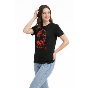 Kadın Atatürk Baskılı Tişört Kısa Kollu Bisiklet Yaka T-Shirt - Siyah