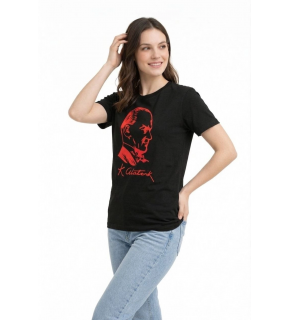 Kadın Atatürk Baskılı Tişört Kısa Kollu Bisiklet Yaka T-Shirt - Siyah