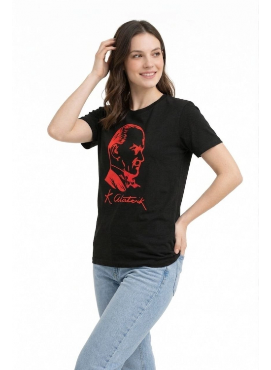 Kadın Atatürk Baskılı Tişört Kısa Kollu Bisiklet Yaka T-Shirt - Siyah Kadın Atatürk Baskılı Tişört Kısa Kollu Bisiklet Yaka T-Shirt - Siyah