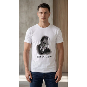 Erkek Atatürk Baskılı Tişört Kısa Kollu Bisiklet Yaka T-Shirt - Beyaz