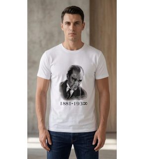 Erkek Atatürk Baskılı Tişört Kısa Kollu Bisiklet Yaka T-Shirt - Beyaz