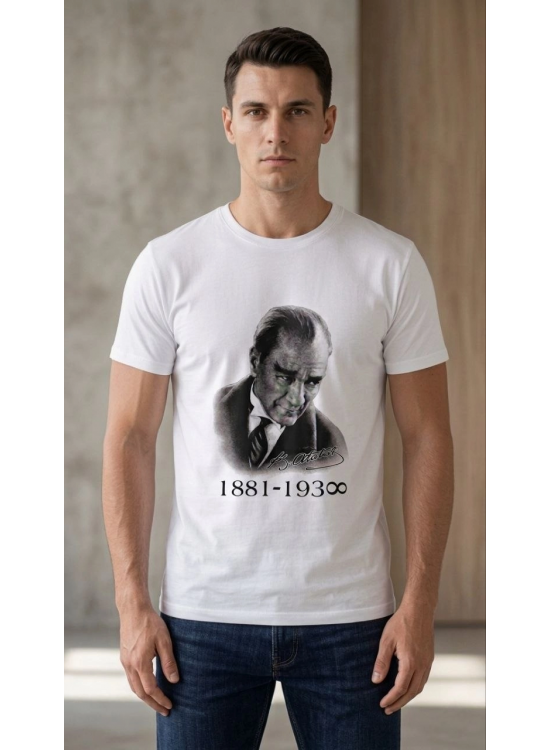 Erkek Atatürk Baskılı Tişört Kısa Kollu Bisiklet Yaka T-Shirt - Beyaz