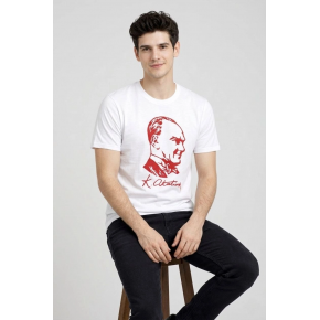 Erkek Atatürk Baskılı Tişört Kısa Kollu Bisiklet Yaka T-Shirt - Beyaz