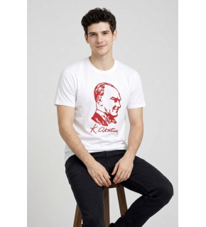 Erkek Atatürk Baskılı Tişört Kısa Kollu Bisiklet Yaka T-Shirt - Beyaz