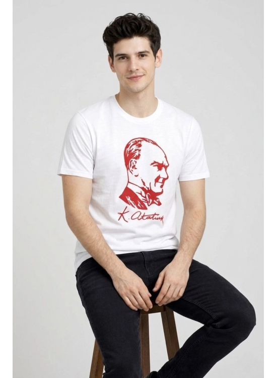 Erkek Atatürk Baskılı Tişört Kısa Kollu Bisiklet Yaka T-Shirt - Beyaz Erkek Atatürk Baskılı Tişört Kısa Kollu Bisiklet Yaka T-Shirt - Beyaz