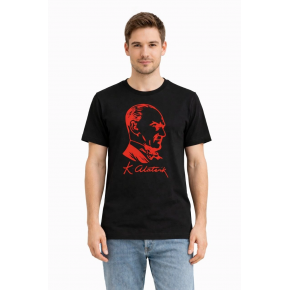 Erkek Atatürk Baskılı Tişört Kısa Kollu Bisiklet Yaka T-Shirt - Siyah
