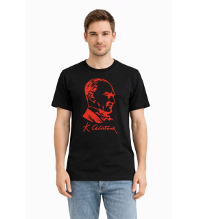 Erkek Atatürk Baskılı Tişört Kısa Kollu Bisiklet Yaka T-Shirt - Siyah