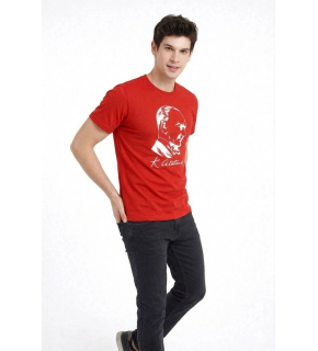 Erkek Atatürk Baskılı Tişört Kısa Kollu Bisiklet Yaka T-Shirt - Kırmızı