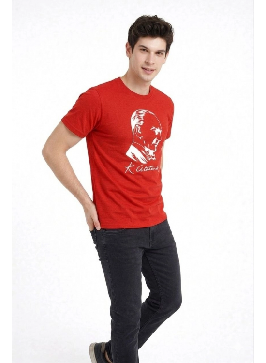 Erkek Atatürk Baskılı Tişört Kısa Kollu Bisiklet Yaka T-Shirt - Kırmızı Erkek Atatürk Baskılı Tişört Kısa Kollu Bisiklet Yaka T-Shirt - Kırmızı