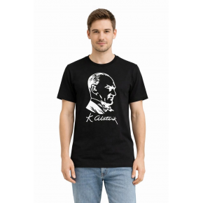 Erkek Atatürk Baskılı Tişört Kısa Kollu Bisiklet Yaka T-Shirt - Siyah