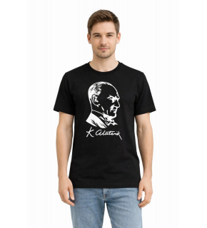 Erkek Atatürk Baskılı Tişört Kısa Kollu Bisiklet Yaka T-Shirt - Siyah