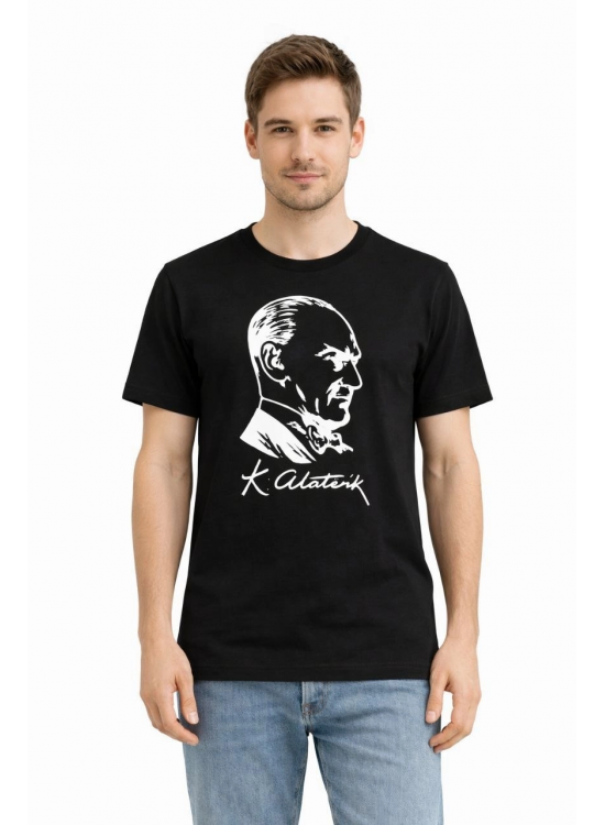 Erkek Atatürk Baskılı Tişört Kısa Kollu Bisiklet Yaka T-Shirt - Siyah Erkek Atatürk Baskılı Tişört Kısa Kollu Bisiklet Yaka T-Shirt - Siyah