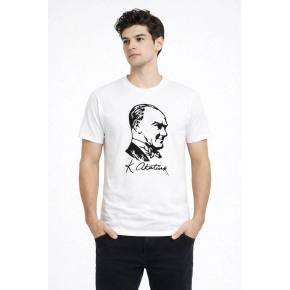 Erkek Atatürk Baskılı Tişört Kısa Kollu Bisiklet Yaka T-Shirt - Beyaz