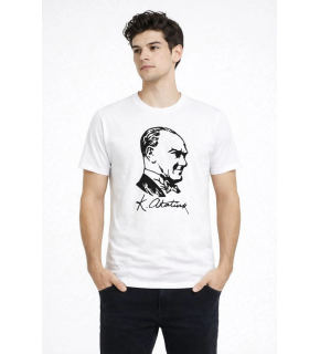Erkek Atatürk Baskılı Tişört Kısa Kollu Bisiklet Yaka T-Shirt - Beyaz